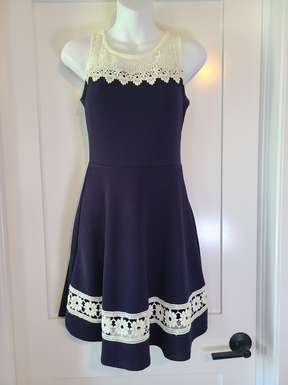 imPRESS Navy and Cream Lace-Trim Midi Dress